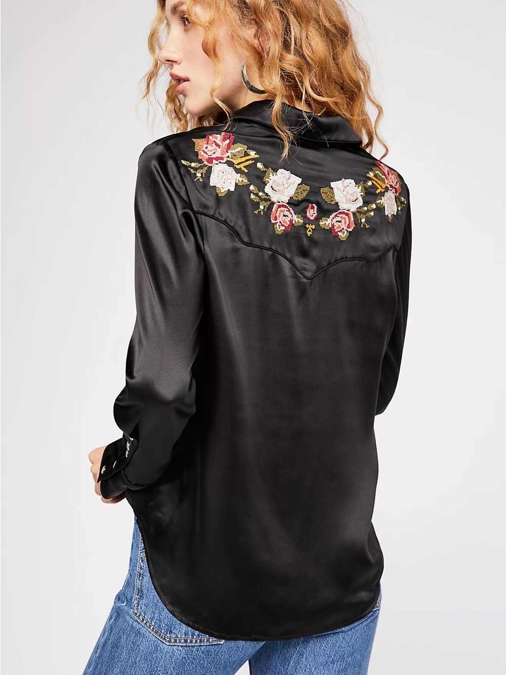 Free People “So Long Forever” Silk Western Black Cross Stitch Floral NWT
